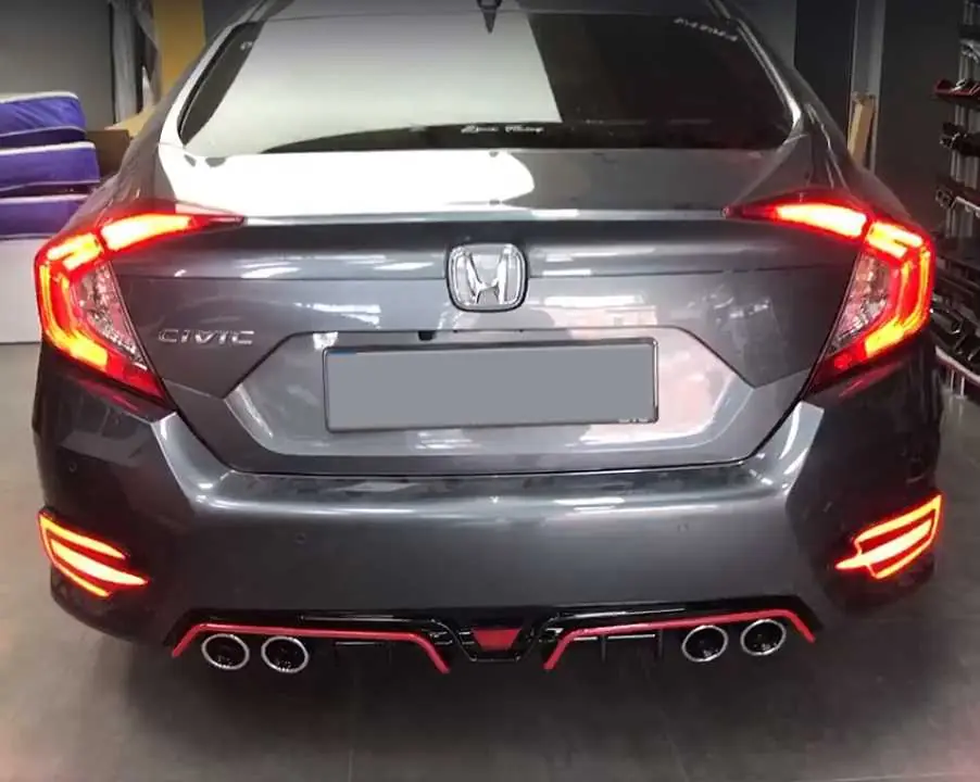 Honda Civic FC5 Sedan 4 Çıkışlı Kırmızı Şeritli Arka Tampon Difüzörü 4